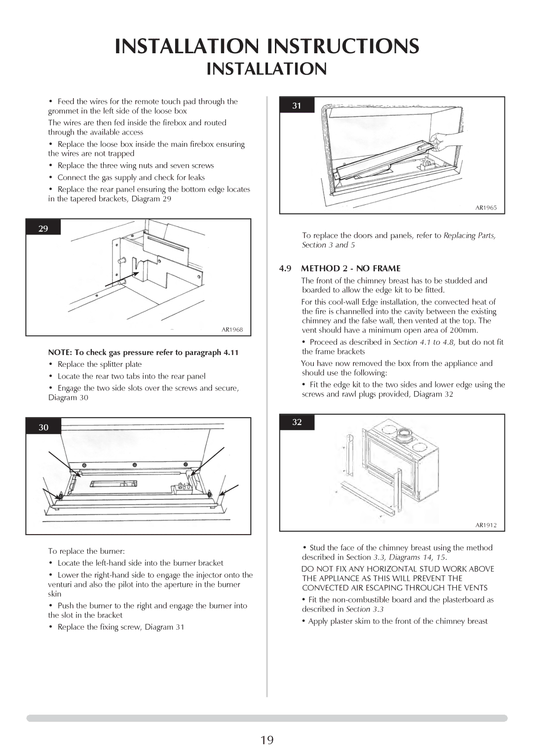 Stovax P8701CFCHEC, P8700CFCHEC manual Method 2 no Frame, To replace the doors and panels, refer to Replacing Parts 