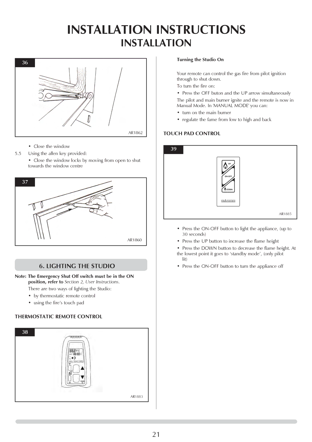 Stovax P8701CFCHEC, P8700CFCHEC manual Lighting the Studio, Thermostatic Remote Control, Touch PAD Control 