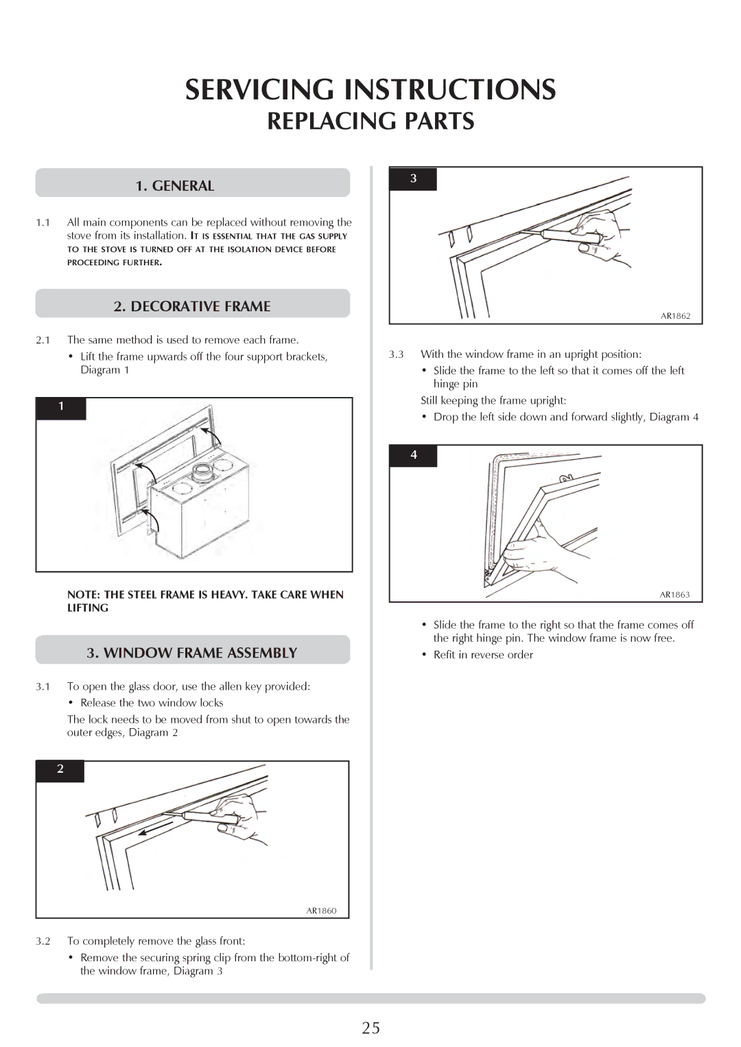 Stovax P8701CFCHEC, P8700CFCHEC manual Replacing Parts, General, Decorative Frame, Window Frame Assembly 