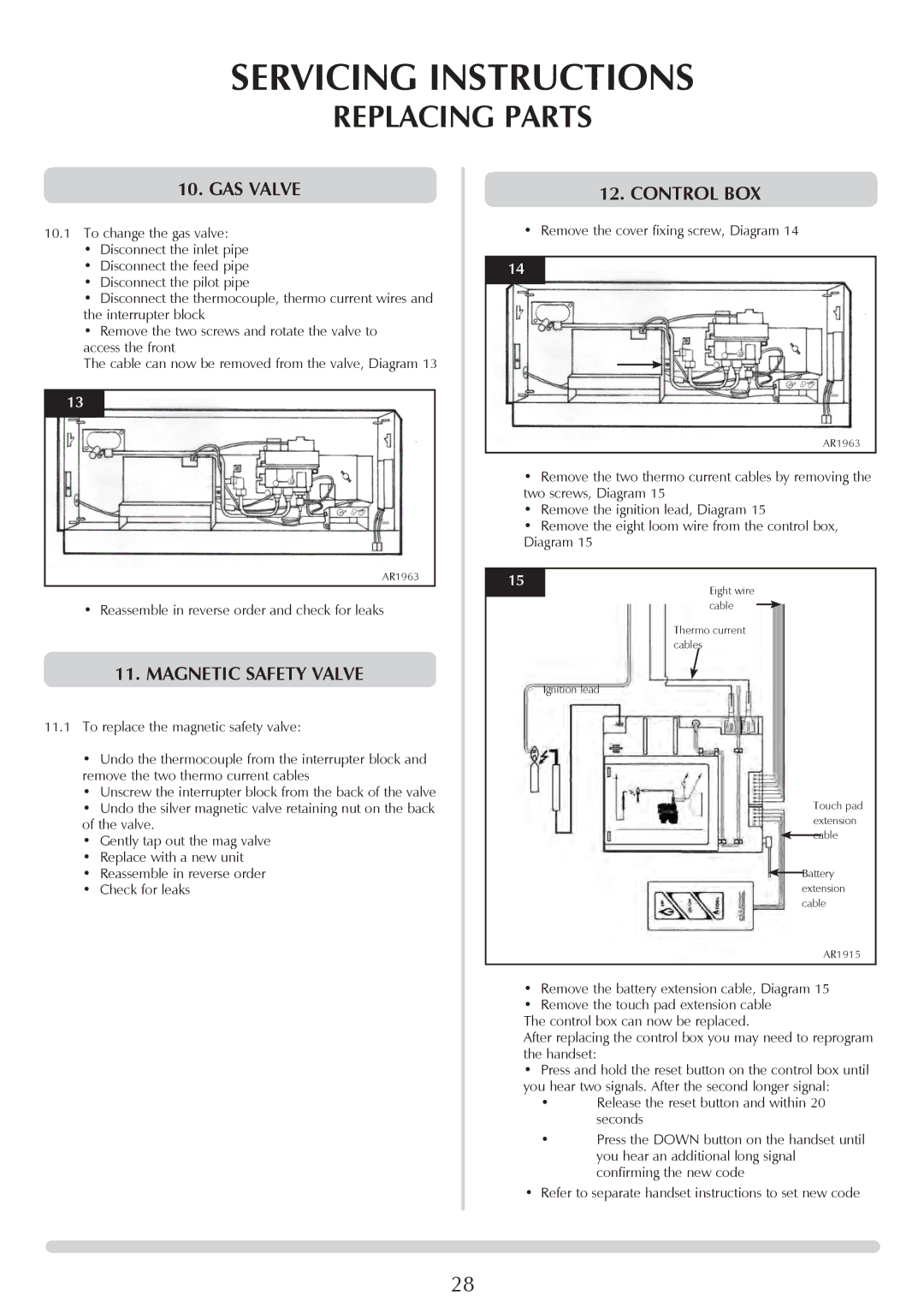 Stovax 8700CFCHEC manual GAS Valve, Magnetic safety valve, Control BOX, Reassemble in reverse order and check for leaks 