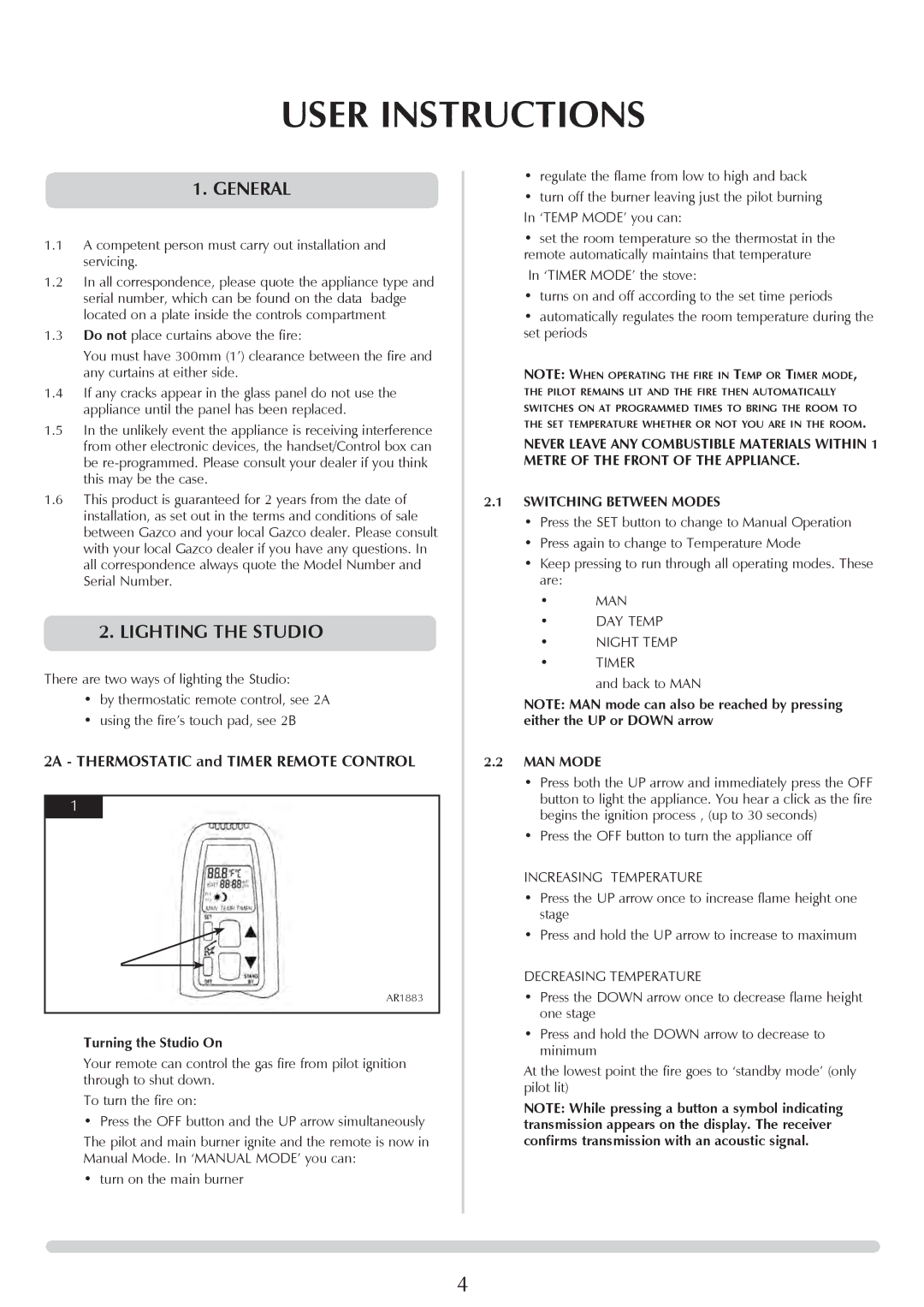 Stovax 8700CFCHEC, P8701CFCHEC manual User Instructions, General, Lighting the Studio, Turning the Studio On, MAN Mode 