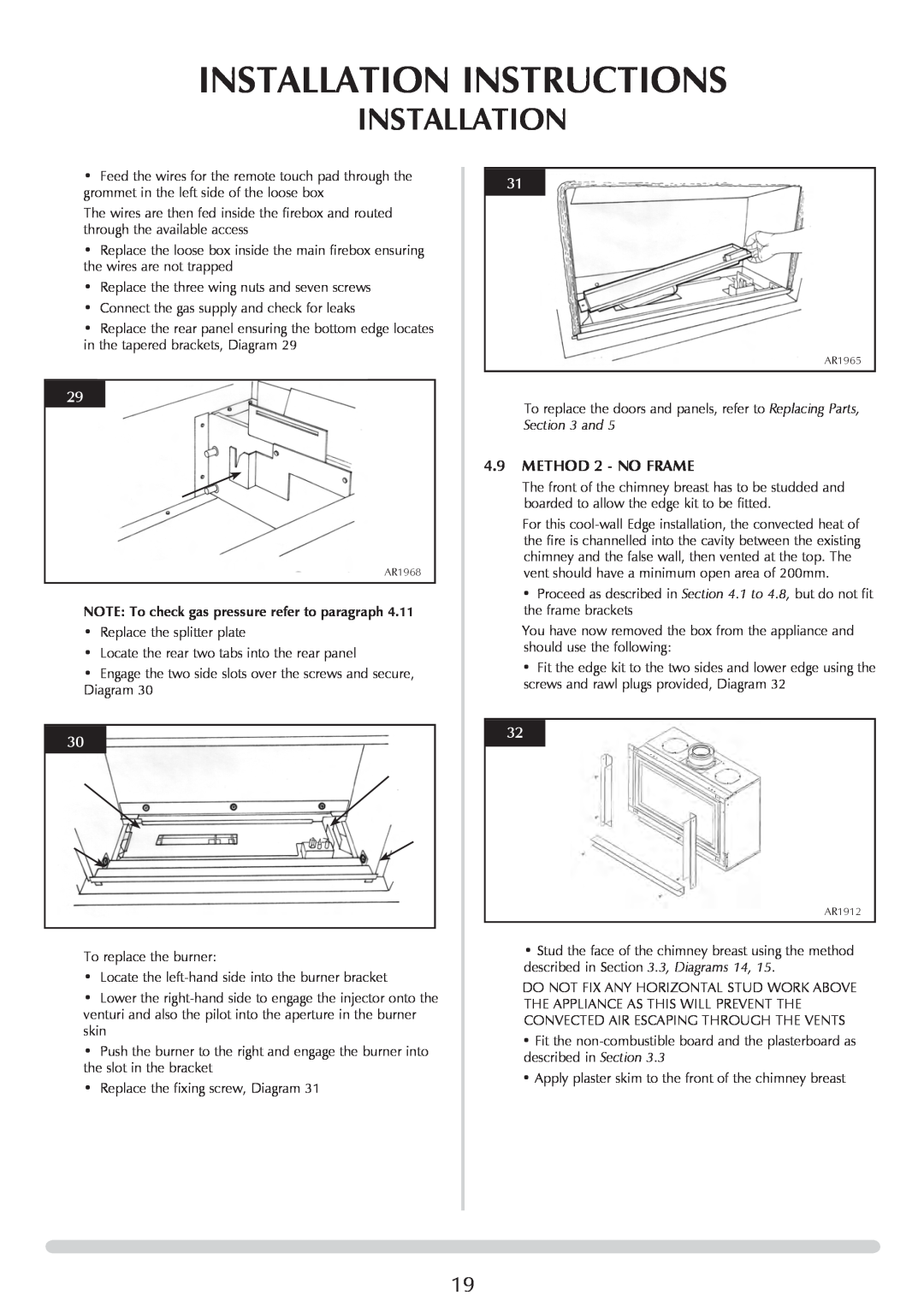 Stovax 8701CFCHEC manual Installation Instructions, 4.9METHOD 2 - NO FRAME, NOTE To check gas pressure refer to paragraph 
