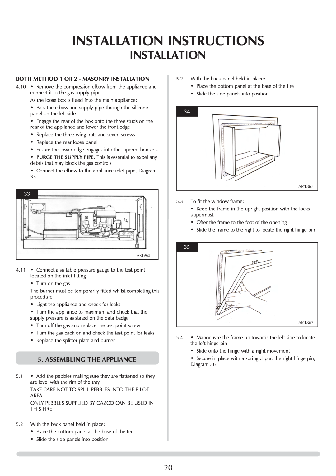 Stovax 8700CFCHEC manual Installation Instructions, Assembling The Appliance, Both Method 1 or 2 - Masonry Installation 
