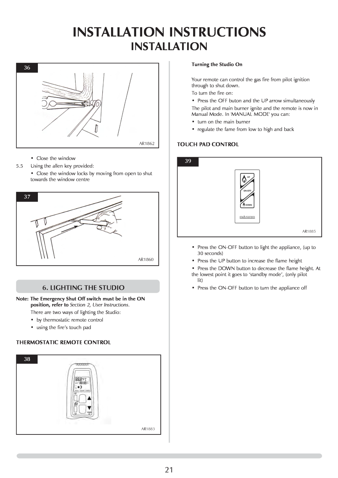 Stovax P8701CFCHEC manual Installation Instructions, Lighting The Studio, Thermostatic Remote Control, Touch Pad Control 