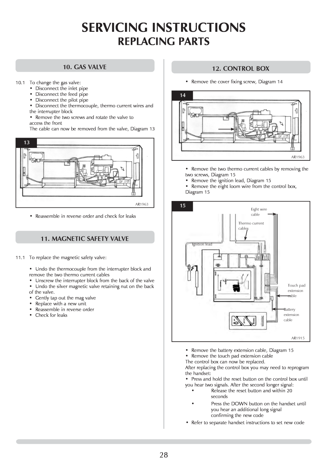 Stovax 8700CFCHEC, P8701CFCHEC manual Servicing Instructions, Replacing Parts, Gas Valve, magnetic safety valve, Control Box 