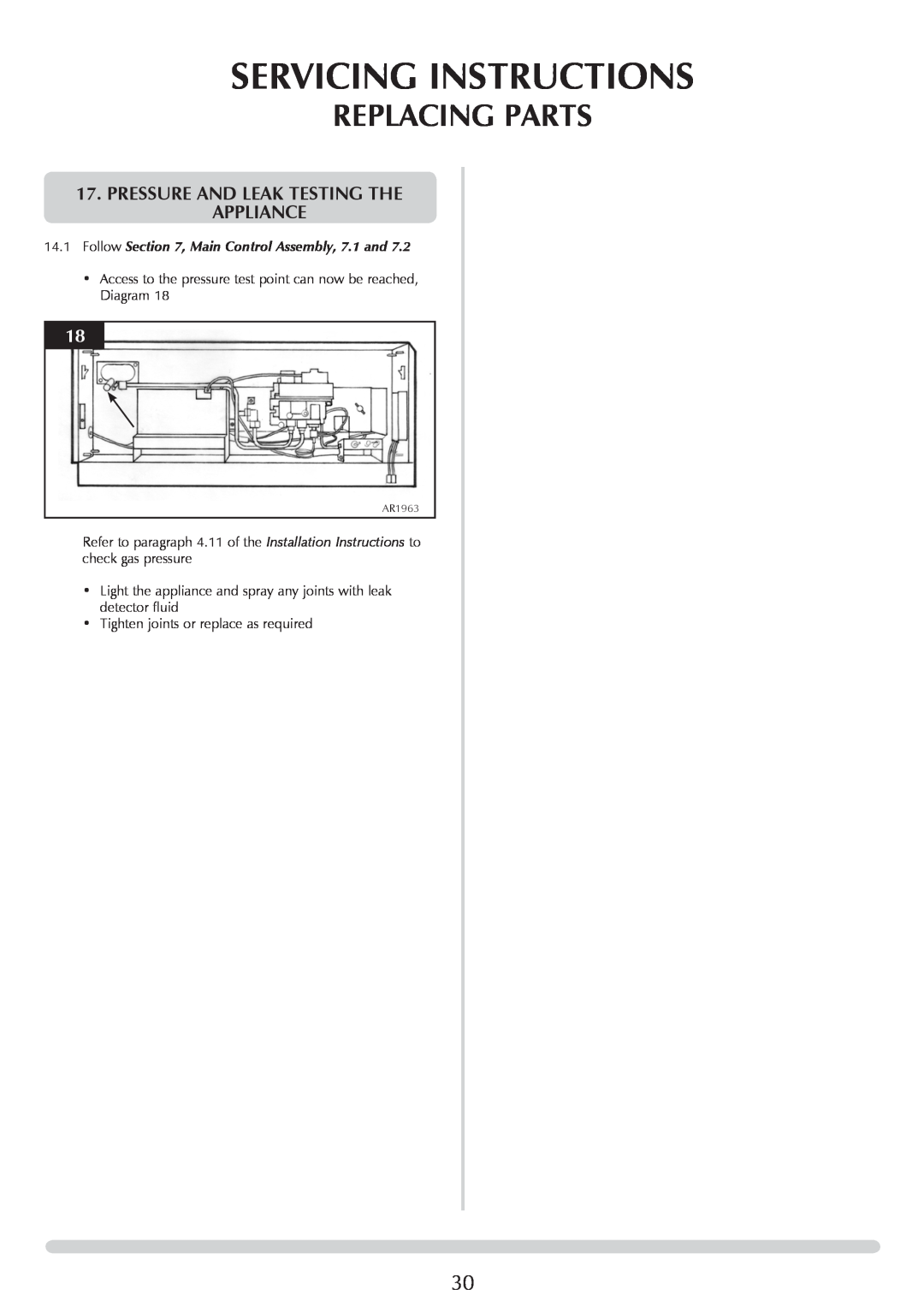Stovax P8700CFCHEC, P8701CFCHEC manual Servicing Instructions, Replacing Parts, Pressure And Leak Testing The Appliance 