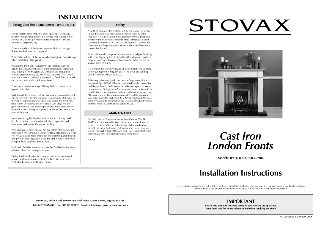 Stovax installation instructions Installation, Fitting Cast front panel 8901 / 8902, Safety, Models 8901, 8902, 8903 