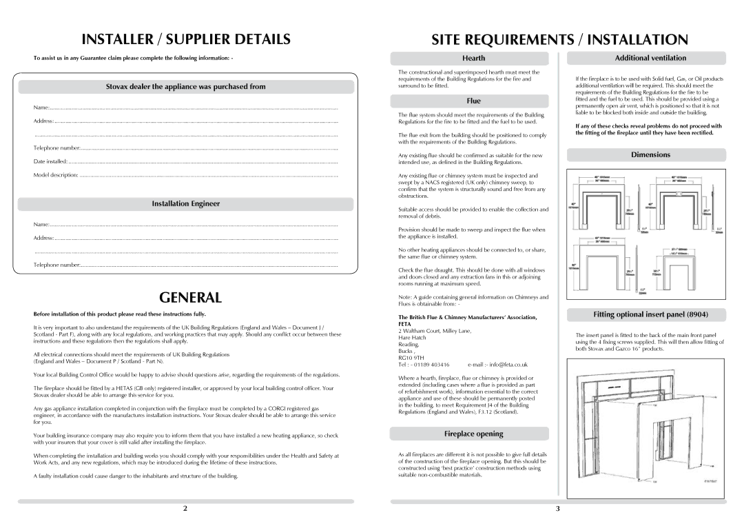 Stovax 8902, 8903, 8901, 8904 installation instructions Site Requirements / Installation 