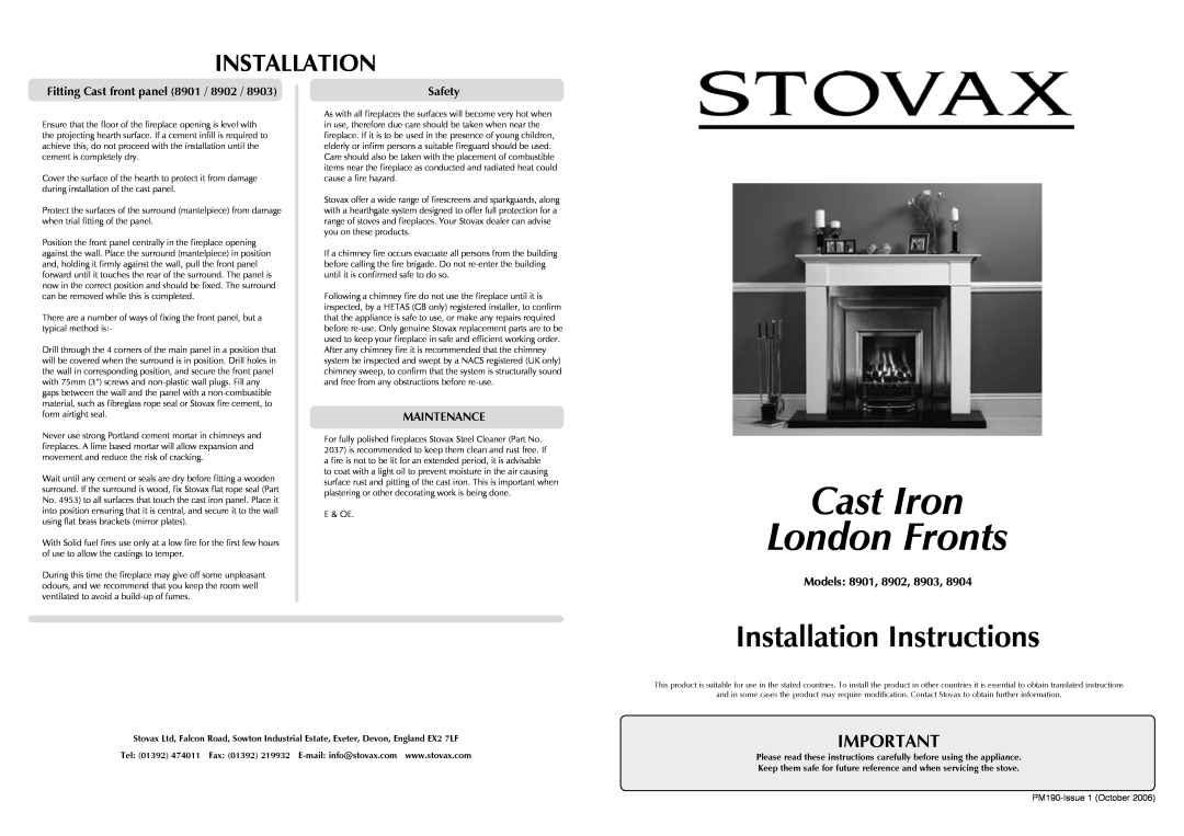 Stovax 8901, 8903, 8902, 8904 installation instructions Installation, Fitting Cast front panel, Safety, Maintenance, Models 