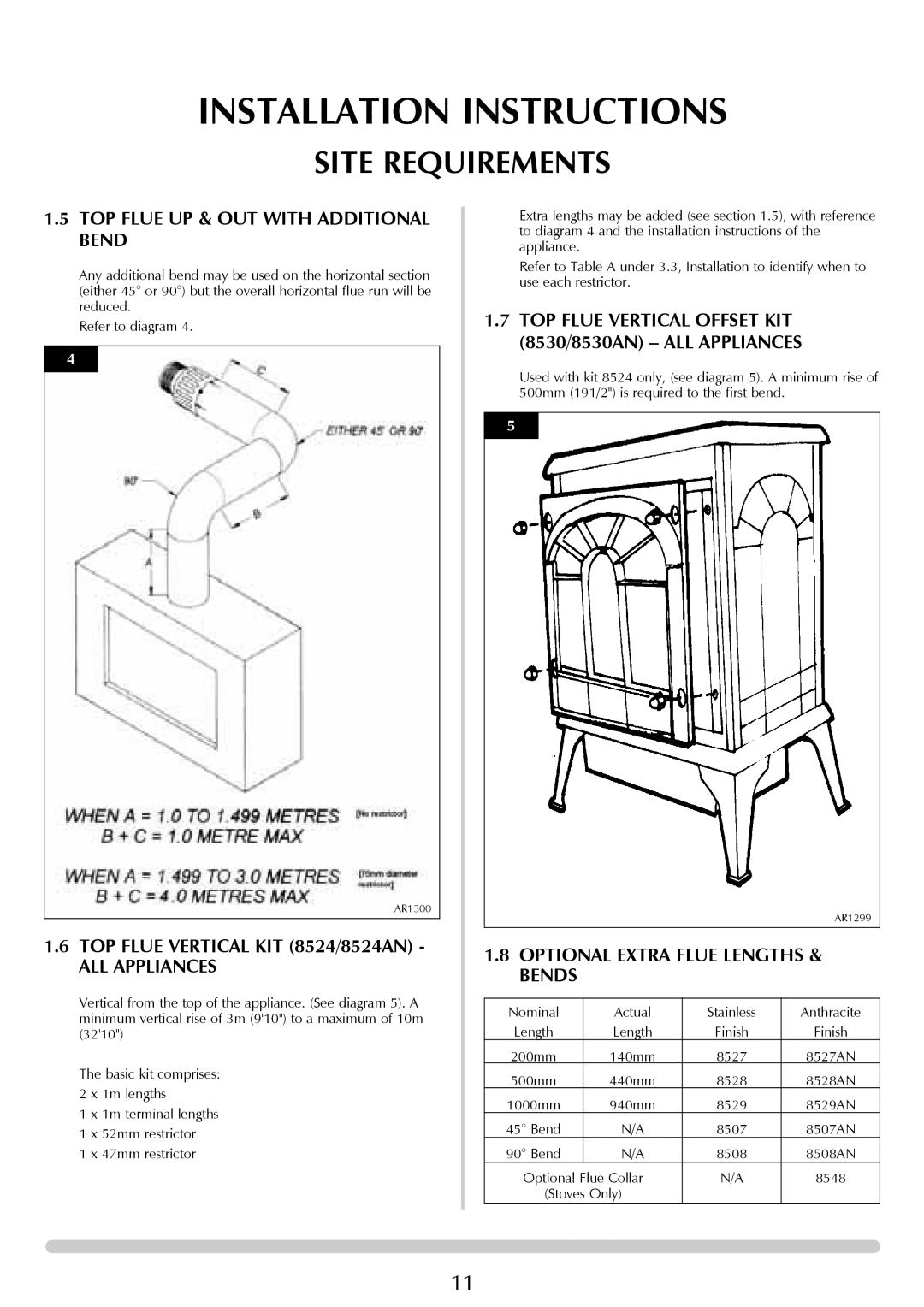 Stovax 8544LUC-P8544LUC manual TOP Flue UP & OUT with Additional Bend, ALL Appliances, Optional Extra Flue Lengths & Bends 