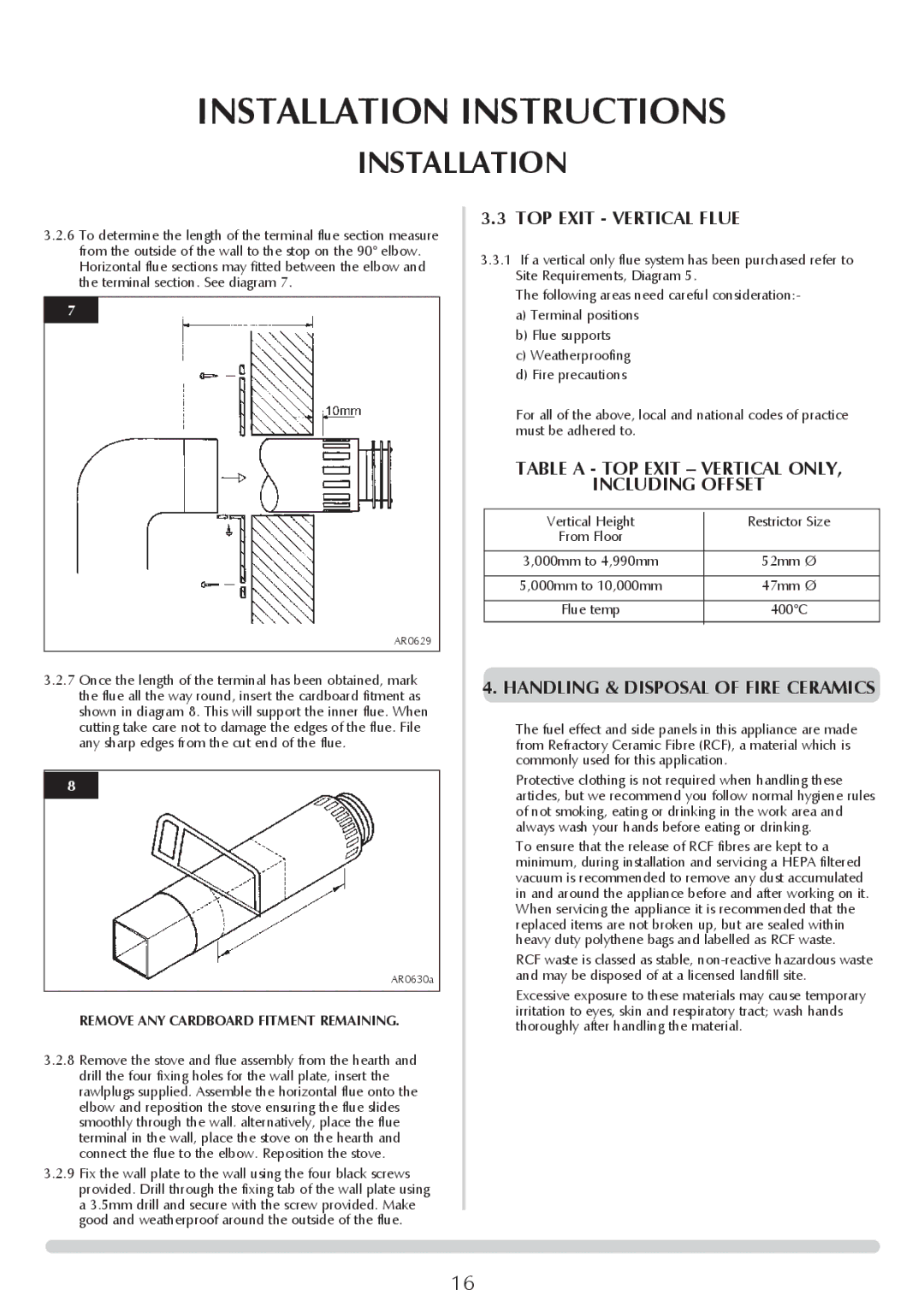 Stovax ASHDON 8546LUC-P8546LUC, 8545LUC, P8545LUC TOP Exit Vertical Flue, Table a TOP Exit Vertical only Including Offset 