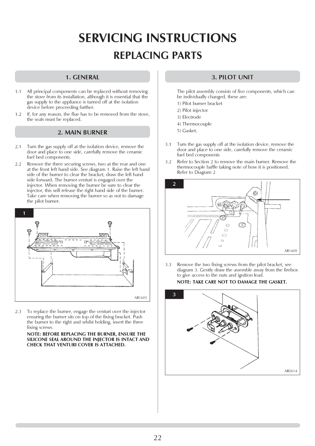 Stovax 8547LUC-P8547LUC, ASHDON 8546LUC-P8546LUC, 8545LUC, P8545LUC manual Replacing Parts, Main Burner, Pilot Unit 