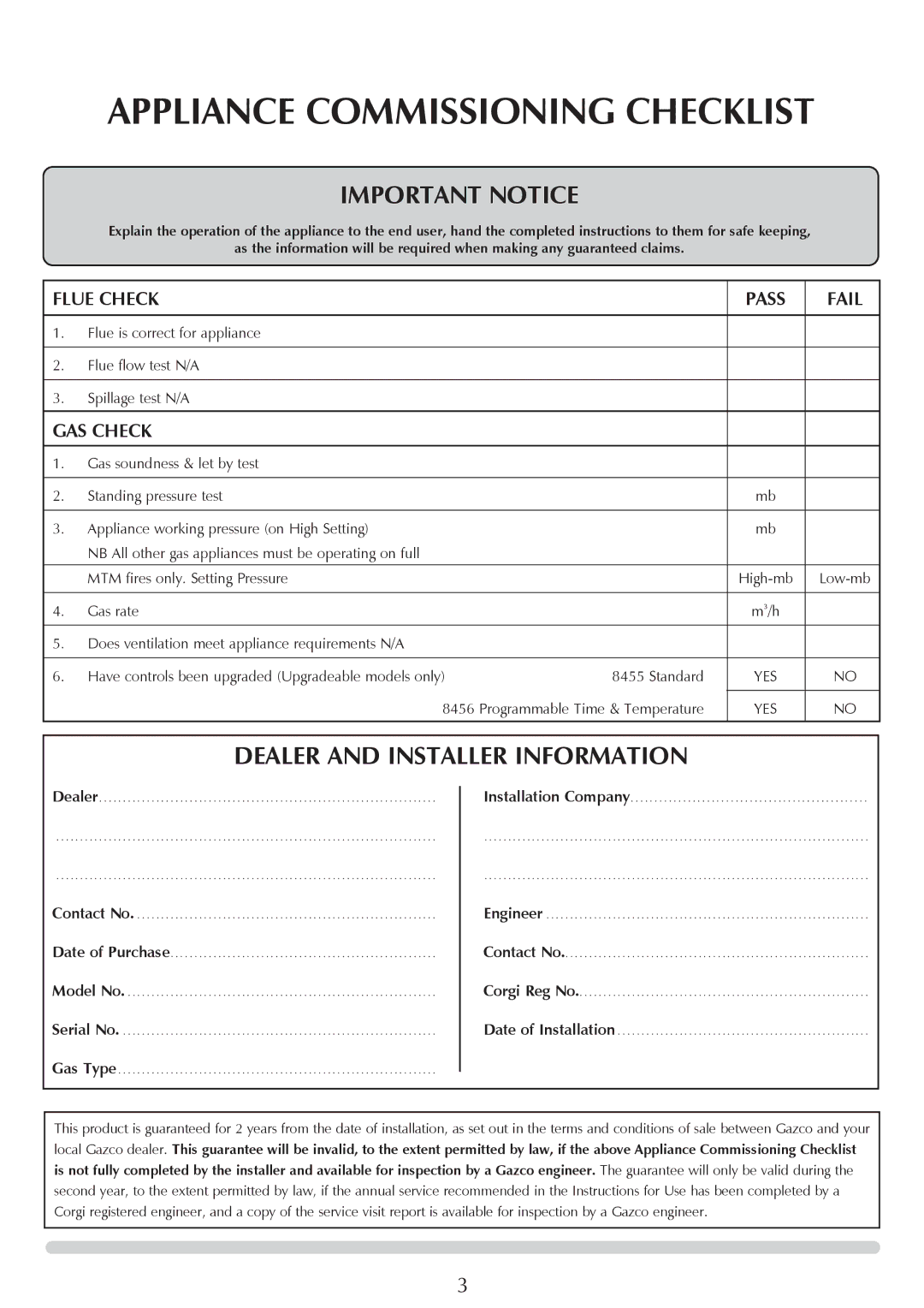 Stovax 8544LUC-P8544LUC, ASHDON 8546LUC-P8546LUC manual Appliance Commissioning Checklist, Flue Check Pass Fail, GAS Check 