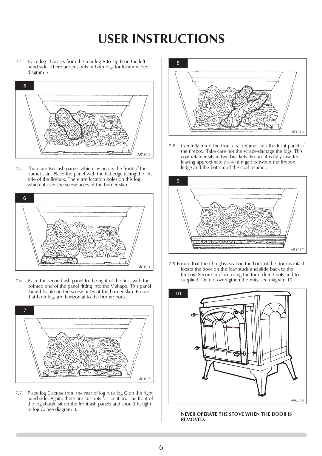 Stovax 8547LUC-P8547LUC, ASHDON 8546LUC-P8546LUC, 8545LUC, P8545LUC manual Never Operate the Stove When the Door is Removed 