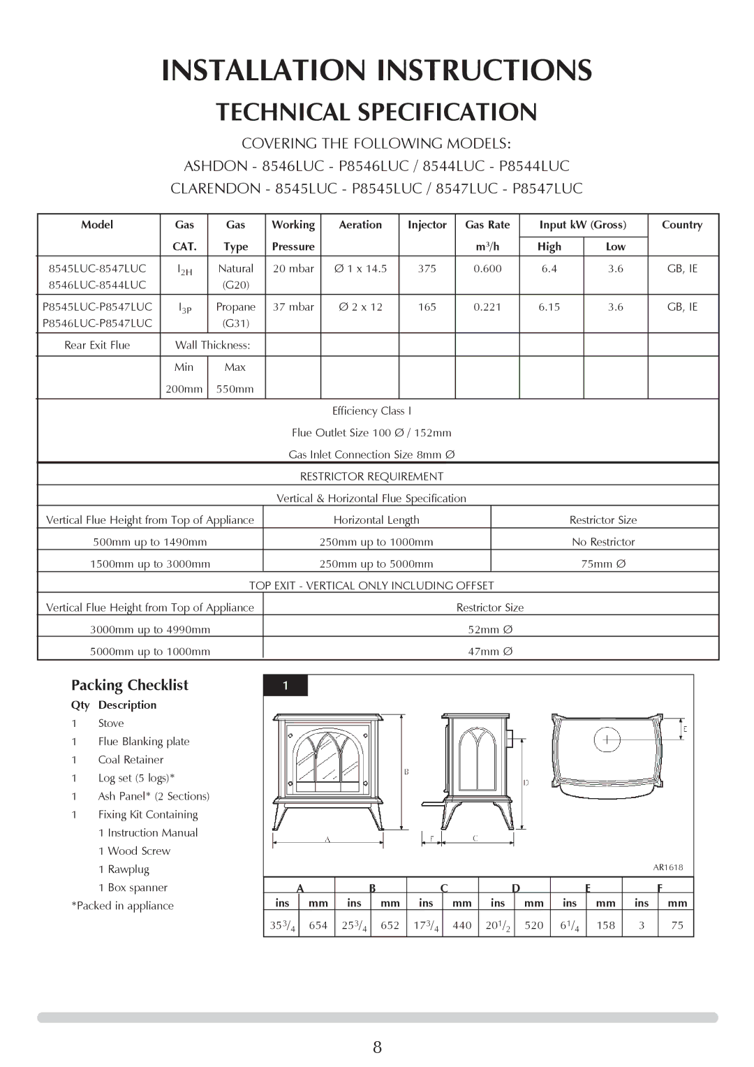 Stovax ASHDON 8546LUC-P8546LUC, 8545LUC, P8545LUC, 8547LUC-P8547LUC manual Installation Instructions, Technical Specification 