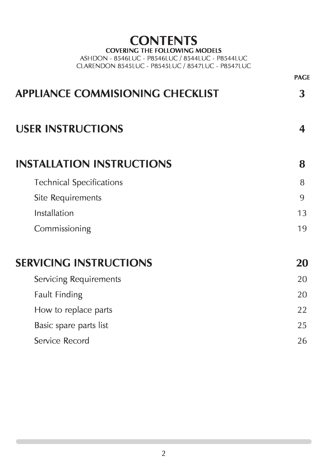 Stovax 8547LUC-P8547LUC Contents, Appliance Commisioning Checklist, User Instructions, Installation Instructions, Page 