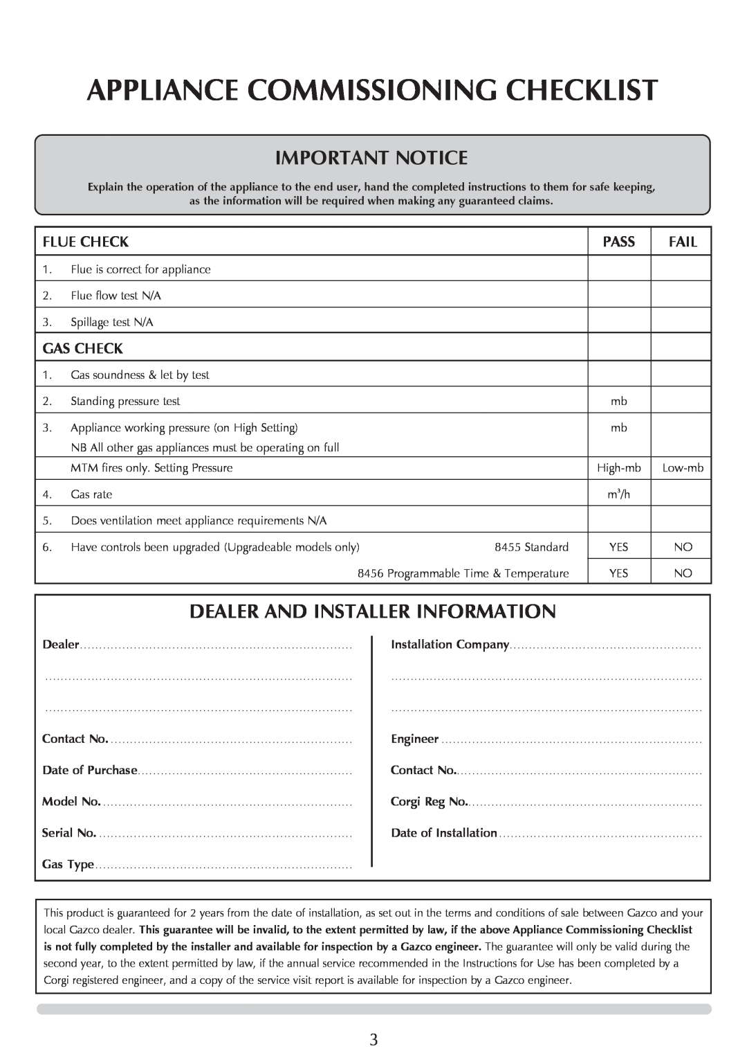 Stovax 8544LUC-P8544LUC manual Appliance Commissioning Checklist, Flue Check, Pass, Fail, Gas Check, Important Notice 