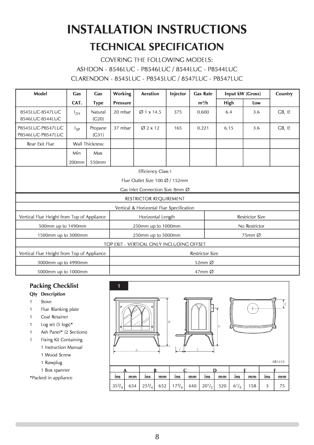 Stovax ASHDON 8546LUC-P8546LUC manual Installation Instructions, Technical Specification, Covering The Following Models 