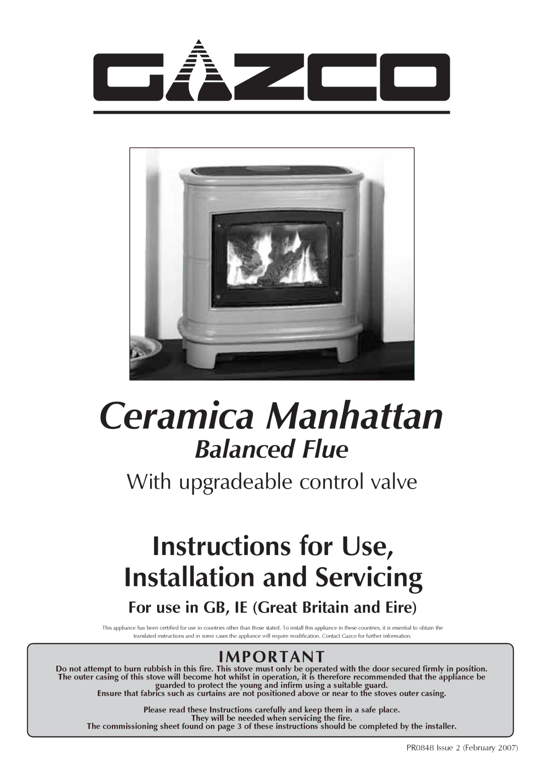 Stovax Ceramica Manhattan Wood Stove manual PR0848 Issue 2 February 