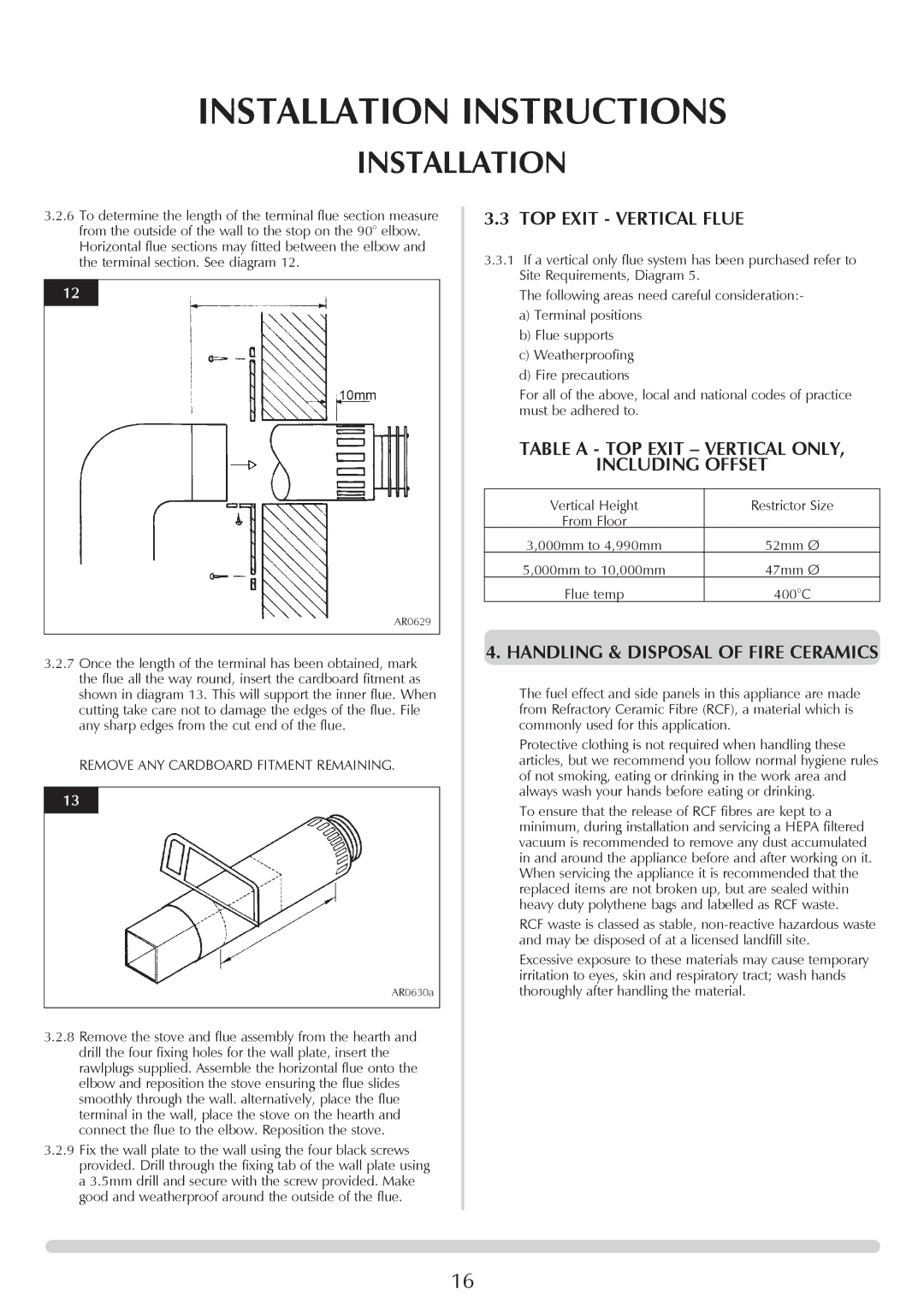 Stovax Ceramica Manhattan Wood Stove manual TOP Exit Vertical Flue, Table a TOP Exit Vertical only Including Offset 