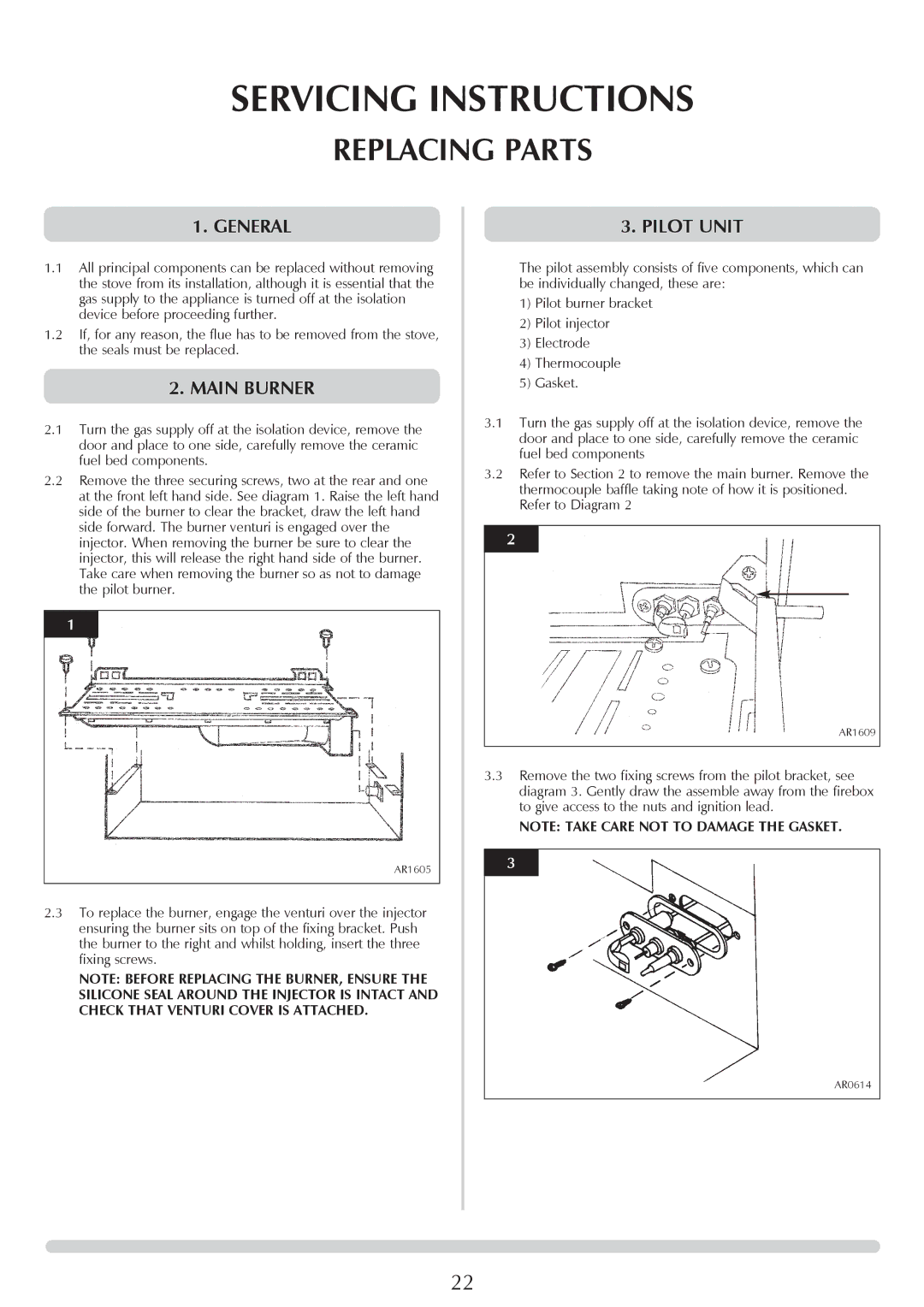 Stovax Ceramica Manhattan Wood Stove manual Replacing Parts, Main Burner, Pilot Unit 