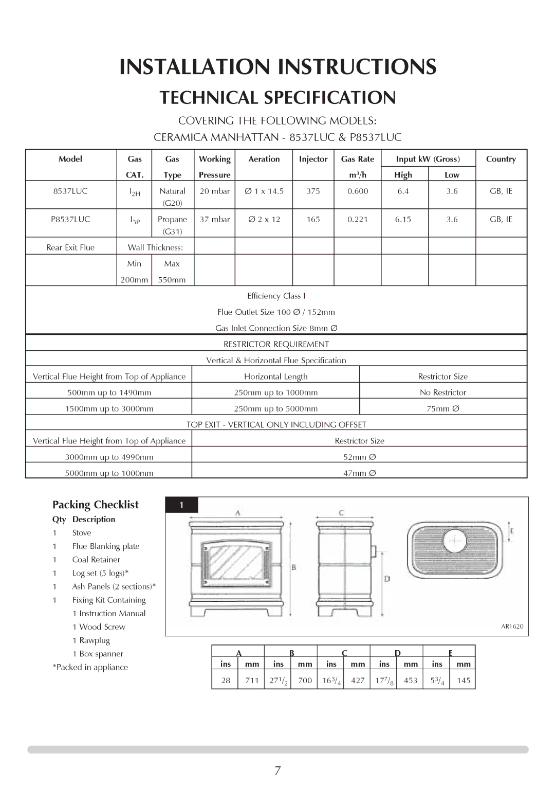 Stovax Ceramica Manhattan Wood Stove manual Installation Instructions, Technical Specification 