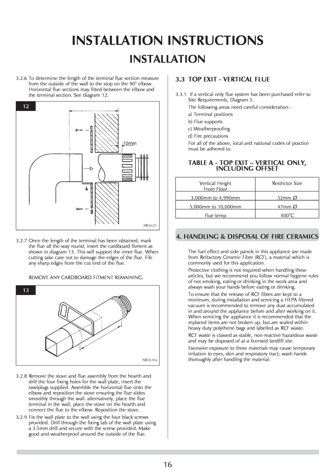 Stovax Ceramica Manhattan Wood Stove manual Installation Instructions, Top Exit - Vertical Flue, Including Offset 