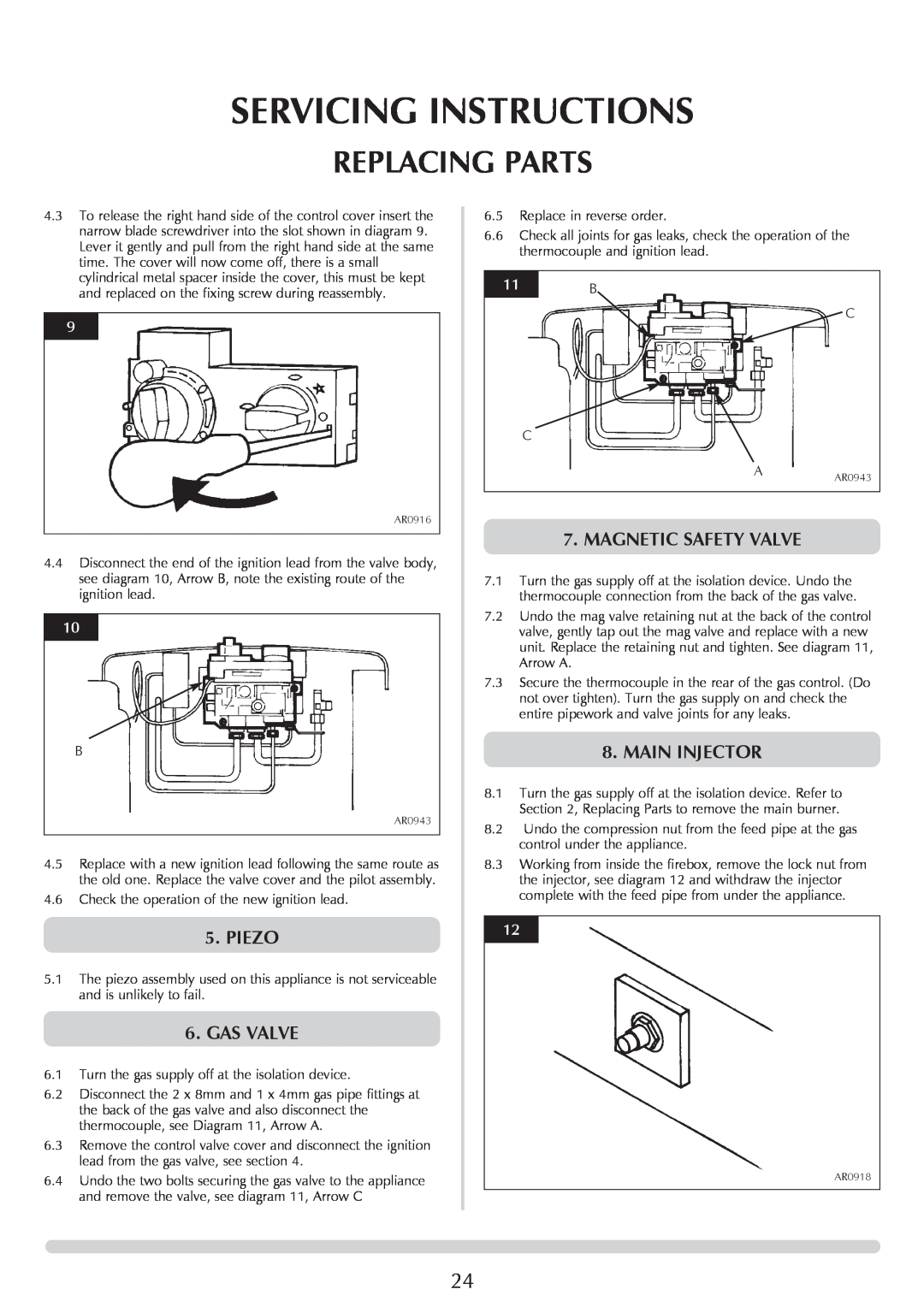 Stovax Ceramica Manhattan Wood Stove Servicing Instructions, Replacing Parts, Piezo, Gas Valve, Magnetic Safety Valve 