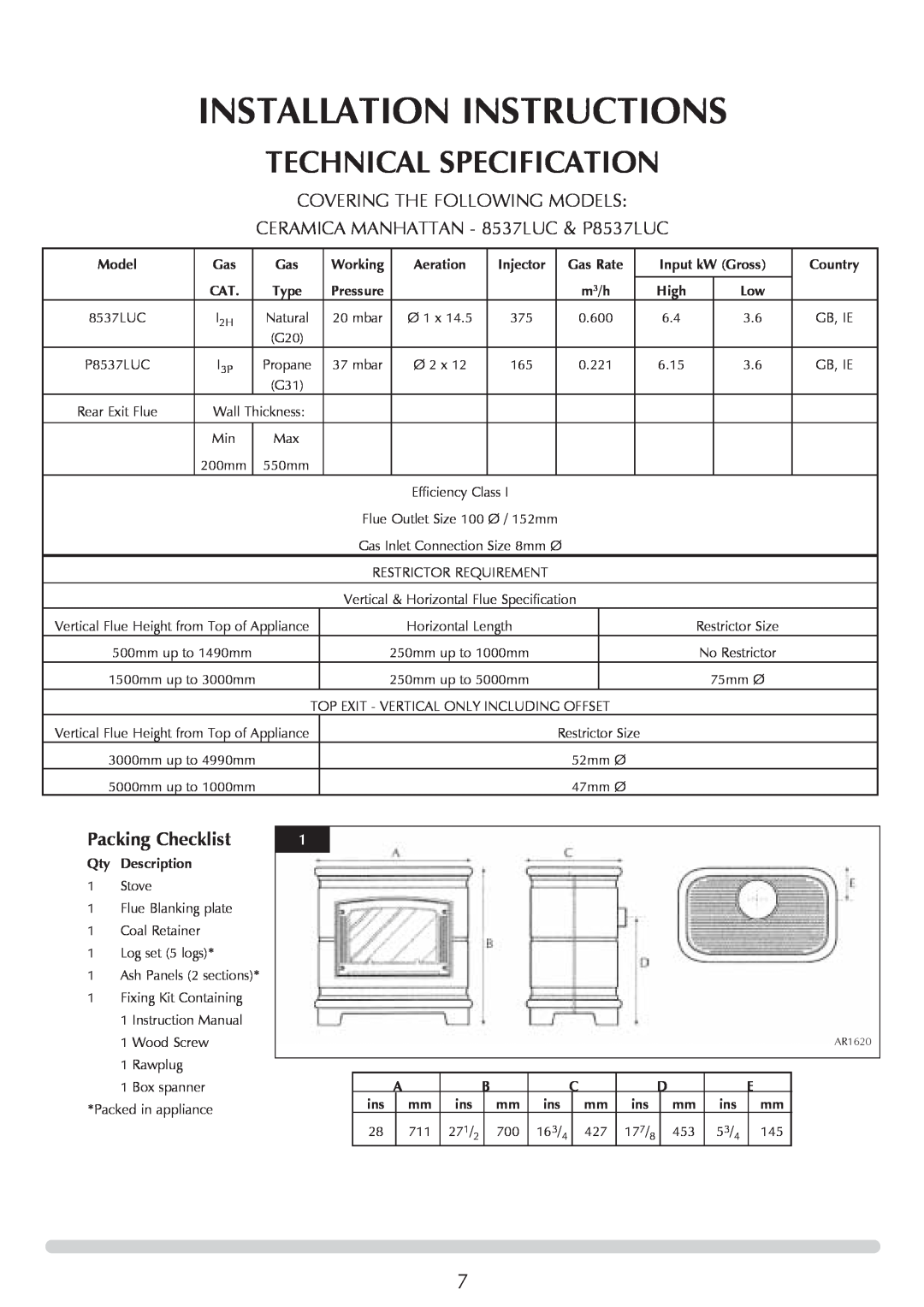 Stovax Ceramica Manhattan Wood Stove Installation Instructions, Technical Specification, Covering The Following Models 