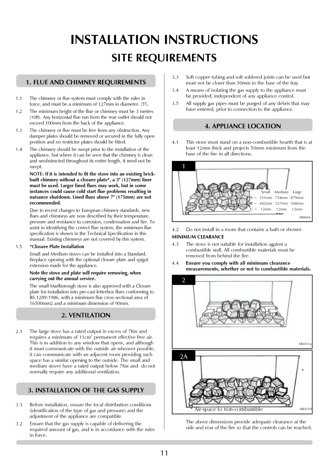 Stovax 8517-P8517 Site Requirements, Flue and Chimney Requirements, Installation of the GAS Supply, Appliance Location 