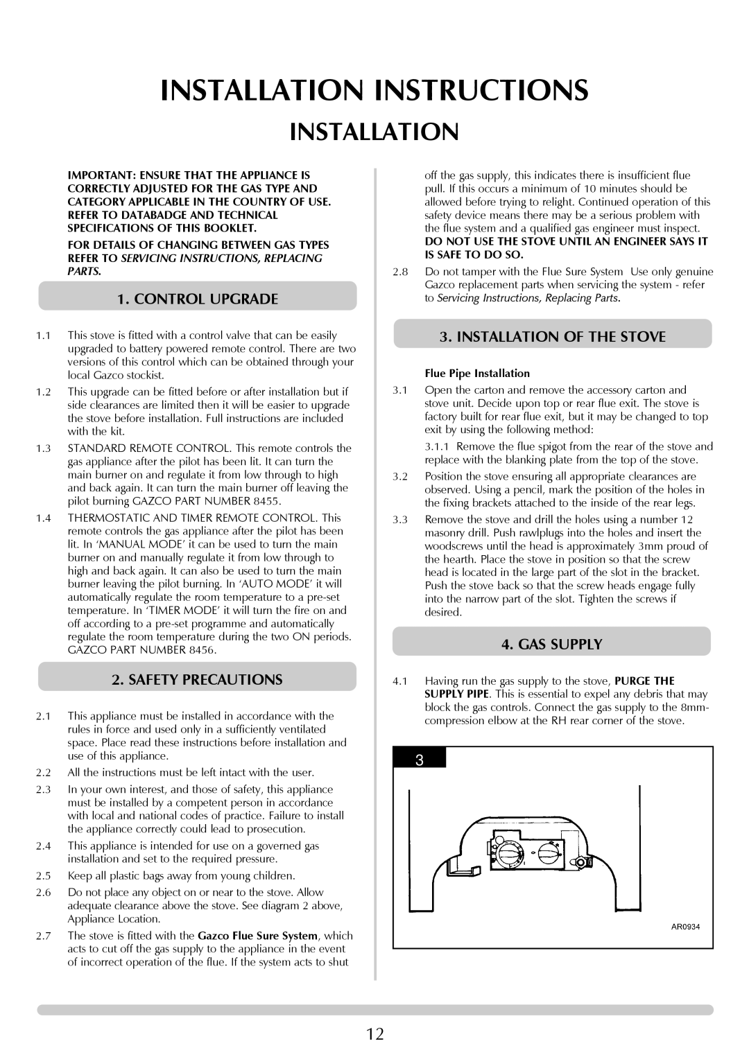 Stovax 8543-P8543, CLARENDON 8541-P8541 Control Upgrade, Safety Precautions, Installation of the Stove, GAS Supply 