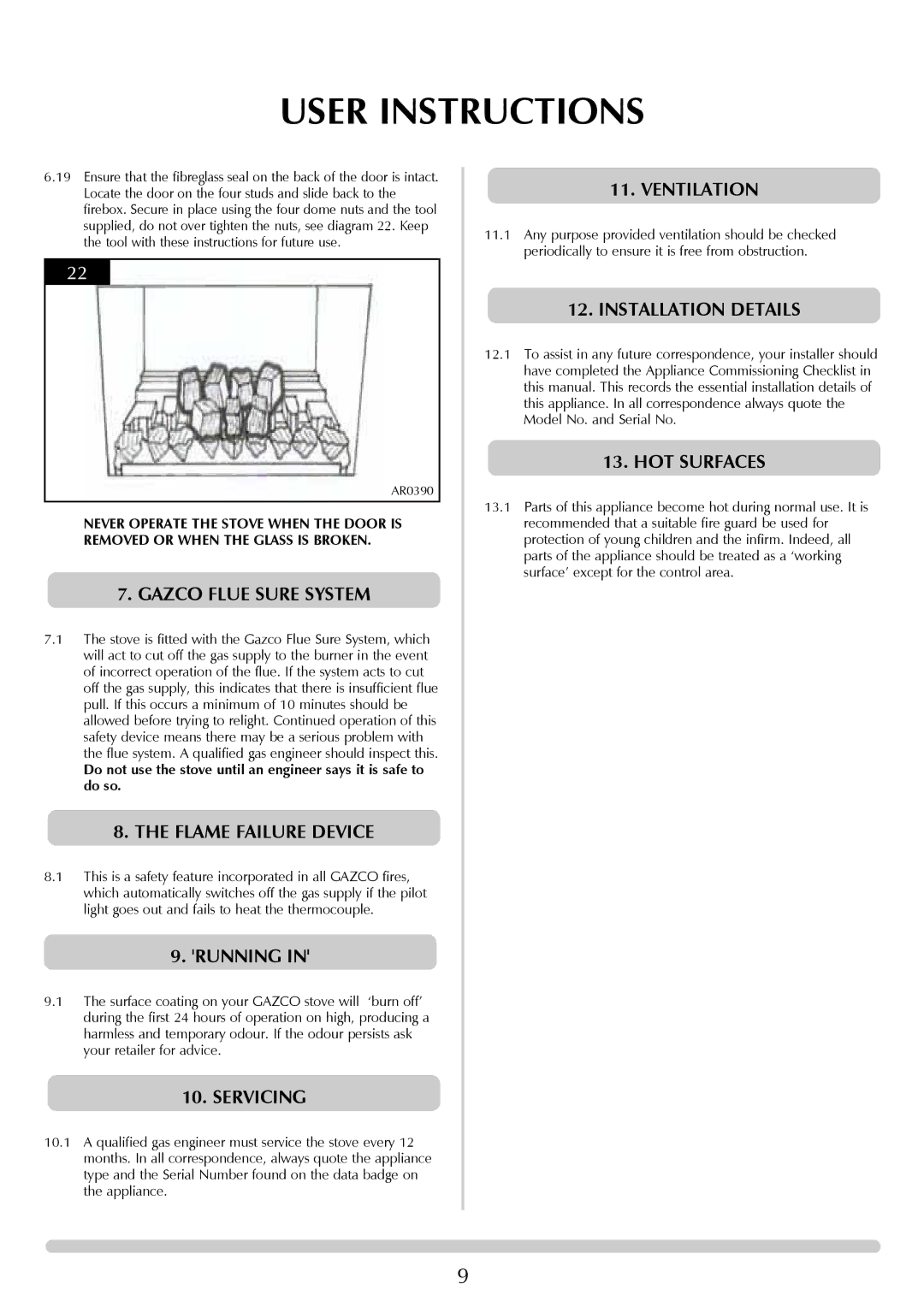 Stovax ASHDON 8513-P8513 manual Gazco Flue Sure System, Flame Failure Device, Running, Servicing, Ventilation, HOT Surfaces 