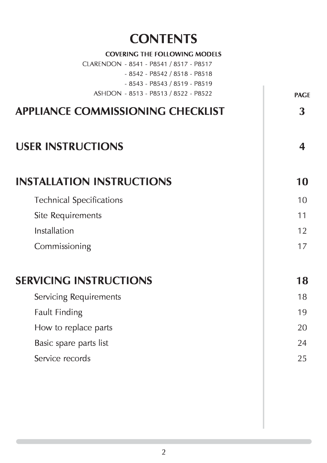 Stovax 8522-P852 Contents, Appliance Commissioning Checklist, User Instructions Installation Instructions, Service records 
