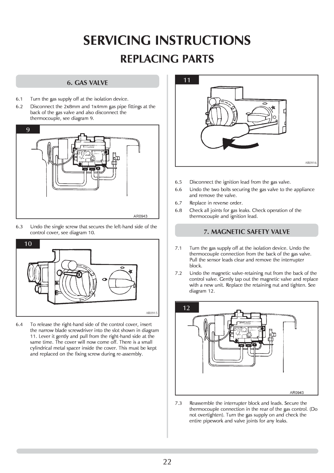 Stovax 8518-P8518, CLARENDON 8541-P8541 manual Servicing Instructions, Replacing Parts, Gas Valve, Magnetic Safety Valve 
