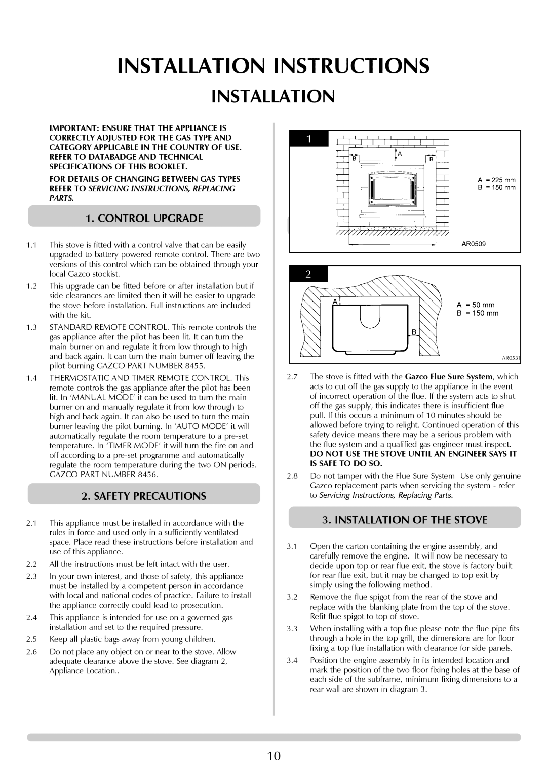 Stovax Coal Effect Stove Range Conventional Flue manual Installation, Control Upgrade, Safety Precautions 