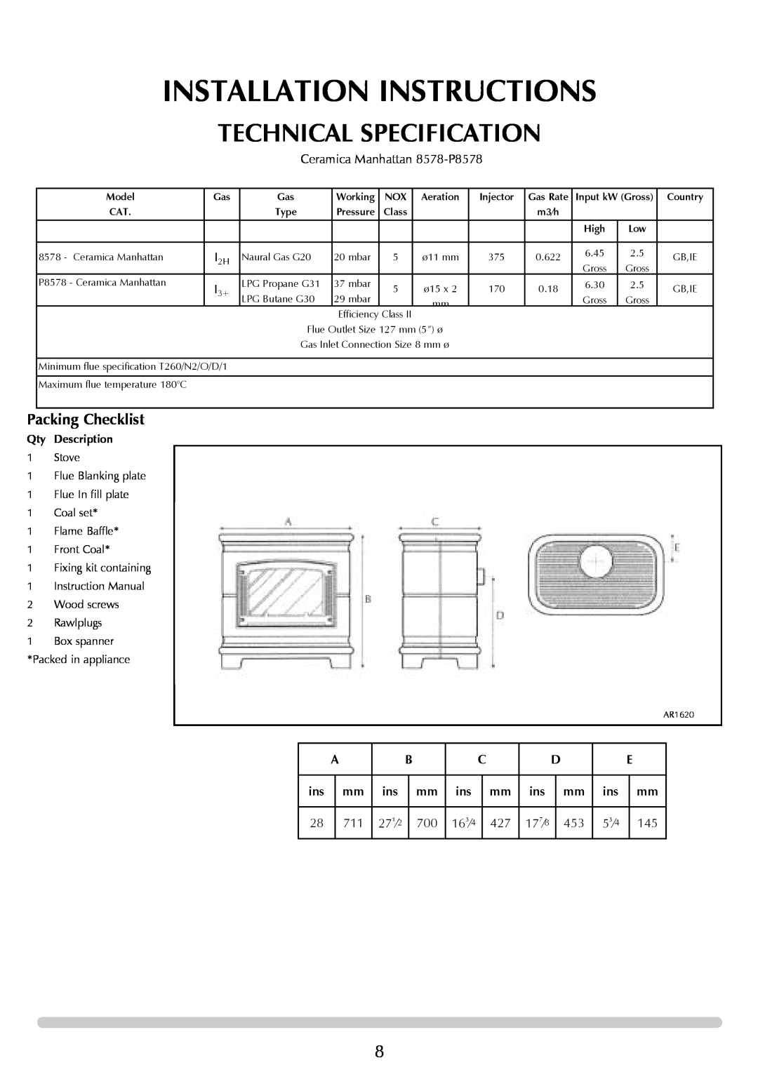 Stovax Coal Effect Stove Range Conventional Flue Installation Instructions, Technical Specification, 271⁄2, 163⁄4, 177⁄8 