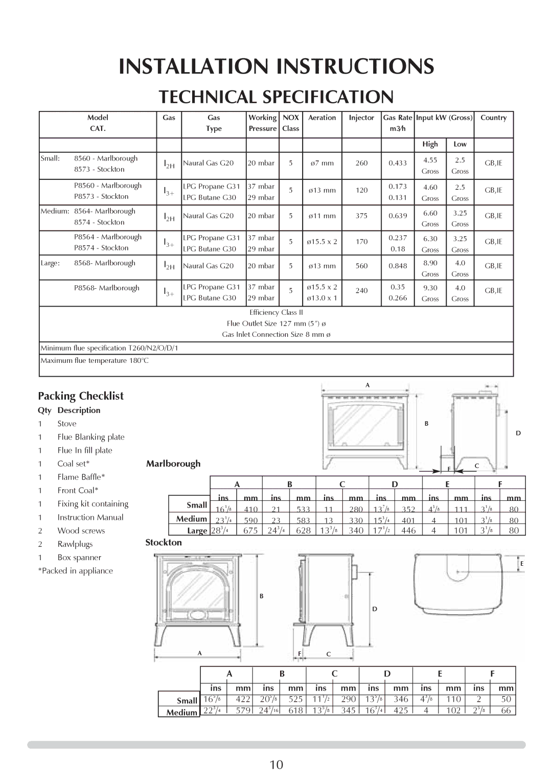 Stovax Coal Effect Stove Range manual Installation Instructions, Technical Specification 