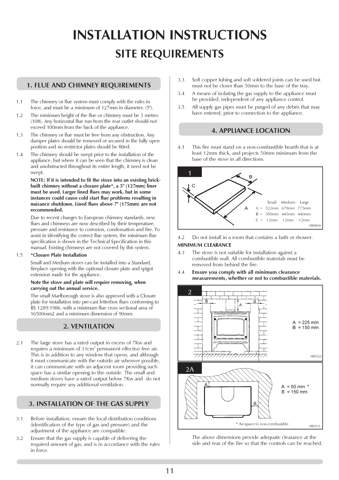 Stovax Coal Effect Stove Range manual Site Requirements, Flue and Chimney Requirements, Installation of the GAS Supply 