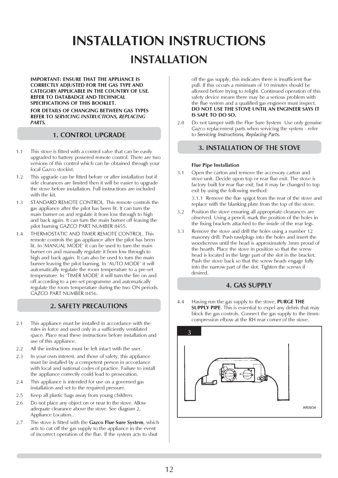 Stovax Coal Effect Stove Range manual Control Upgrade, Safety Precautions, Installation of the Stove, GAS Supply 