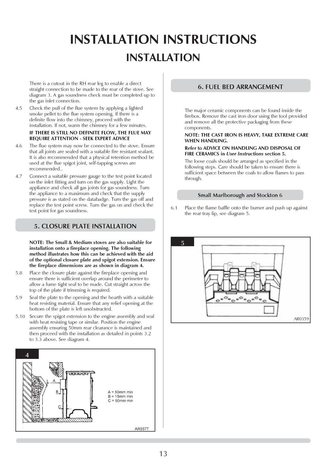 Stovax Coal Effect Stove Range manual Closure Plate Installation, Fuel BED Arrangement 