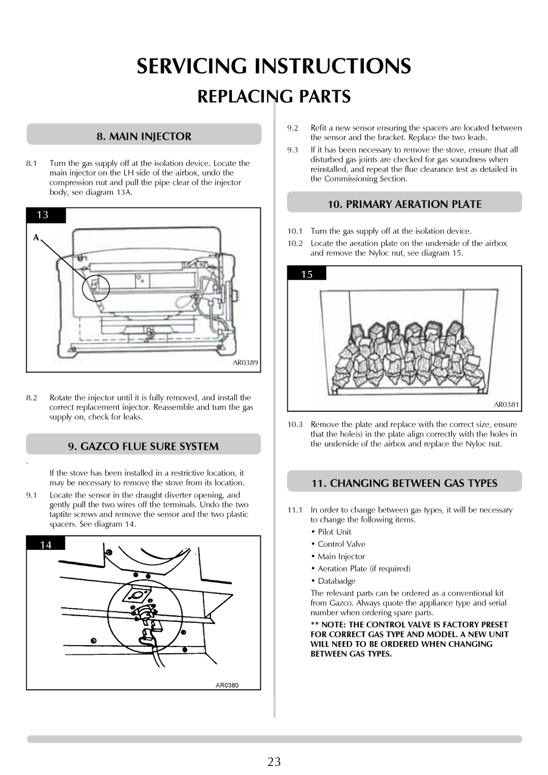 Stovax Coal Effect Stove Range manual Main Injector, Primary Aeration Plate, Changing Between GAS Types 