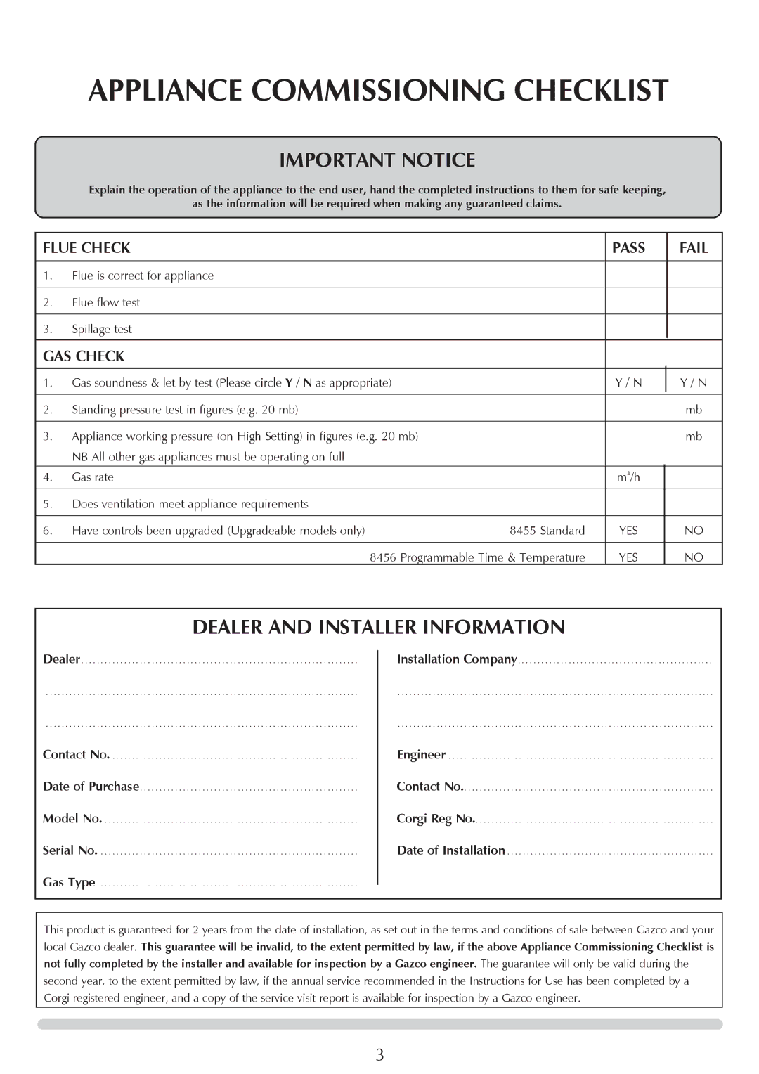 Stovax Coal Effect Stove Range manual Appliance Commissioning Checklist, Flue Check Pass Fail, GAS Check 