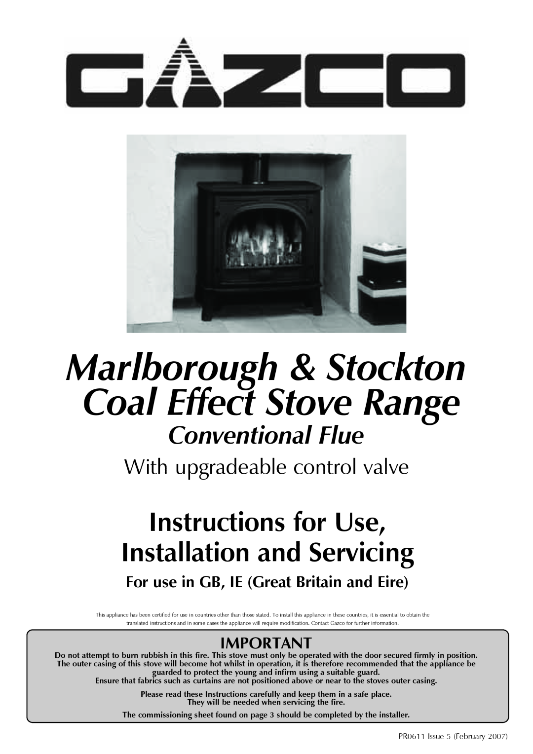 Stovax manual Marlborough & Stockton Coal Effect Stove Range, Instructions for Use Installation and Servicing 
