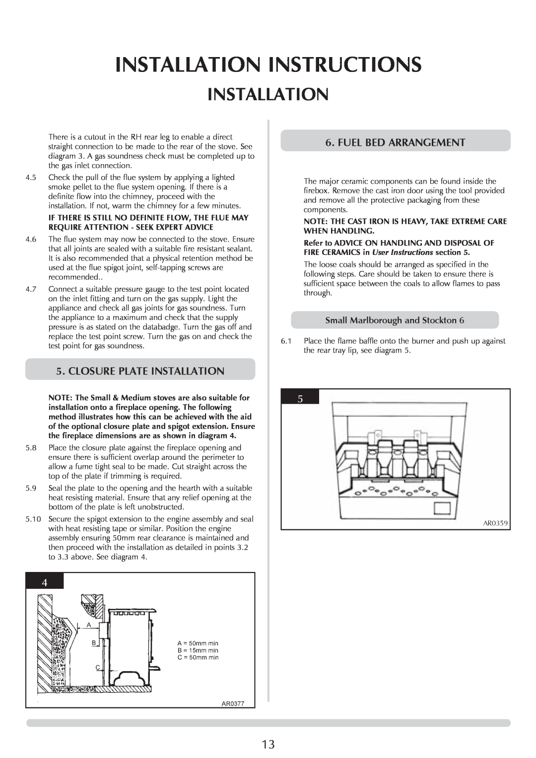 Stovax Coal Effect Stove Range manual Installation Instructions, Closure Plate Installation, Fuel Bed Arrangement 