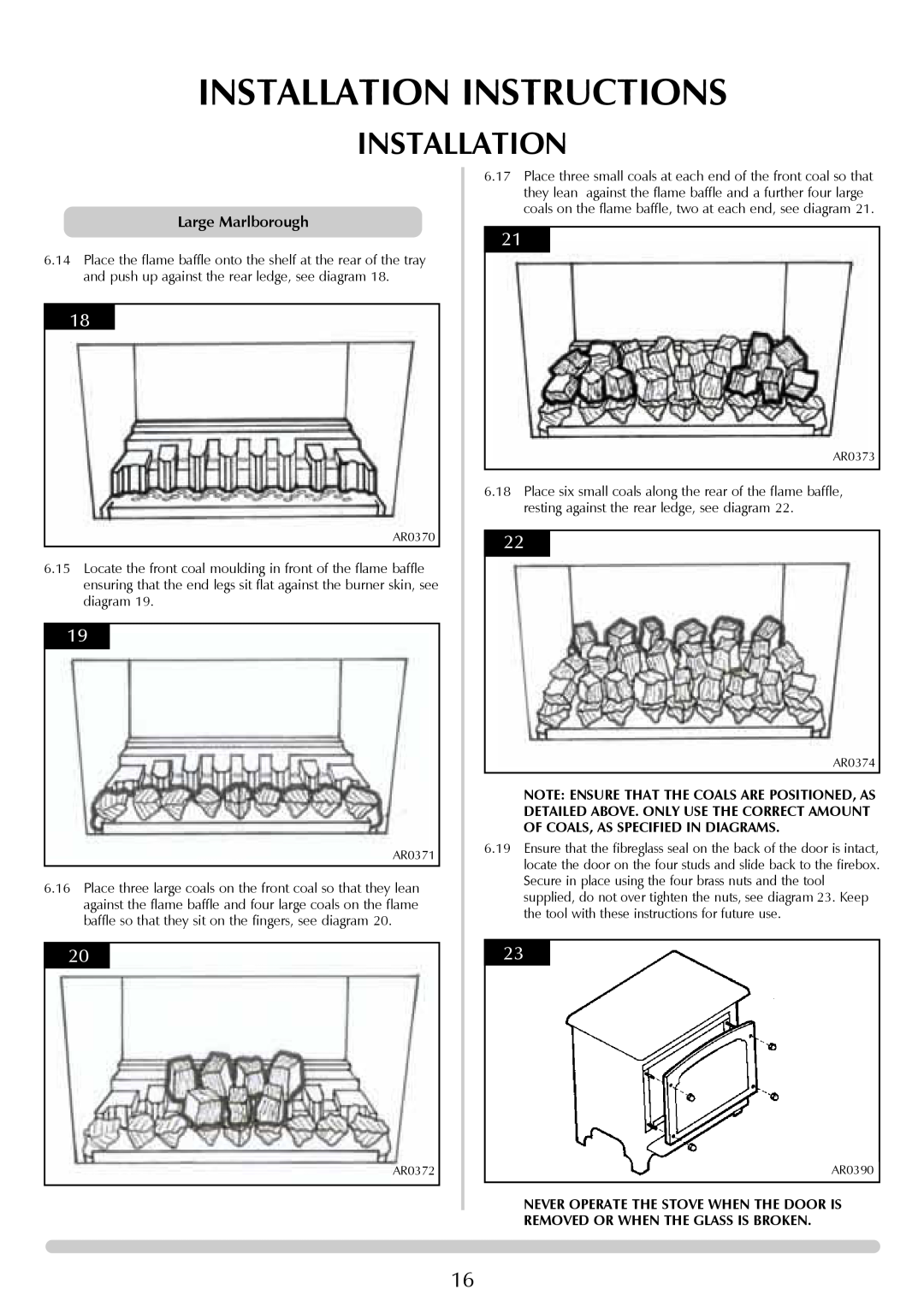 Stovax Coal Effect Stove Range manual Installation Instructions, Large Marlborough, AR0370 