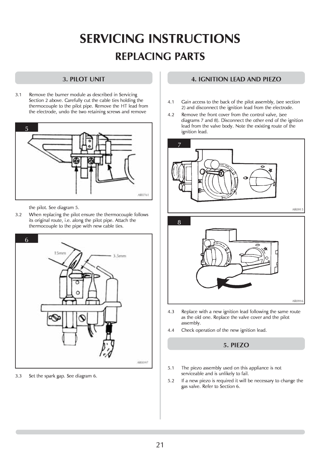 Stovax Coal Effect Stove Range manual Servicing Instructions, Replacing Parts, Pilot Unit, Ignition Lead And Piezo 