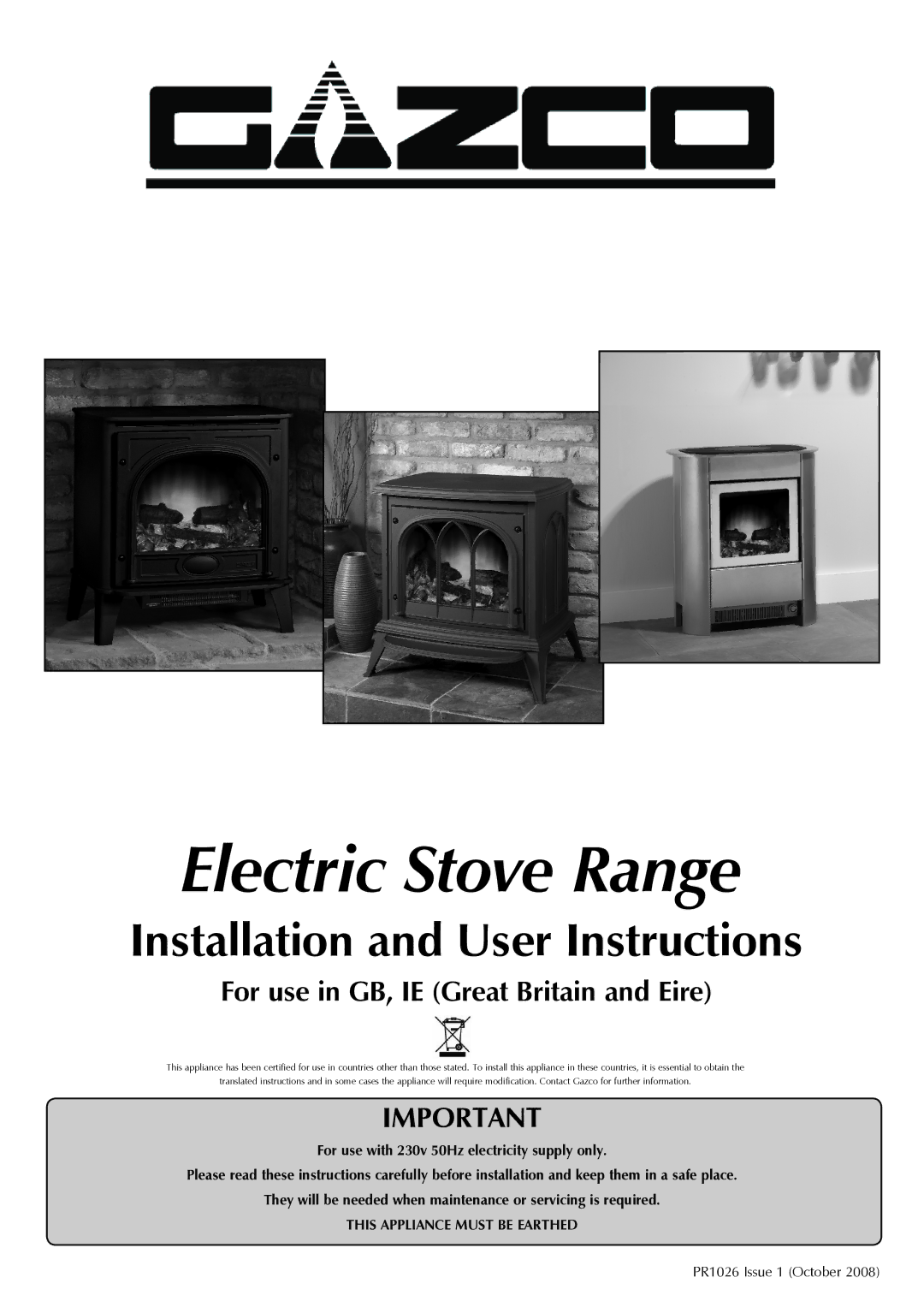 Stovax Electric Stove Range manual This Appliance Must be Earthed 