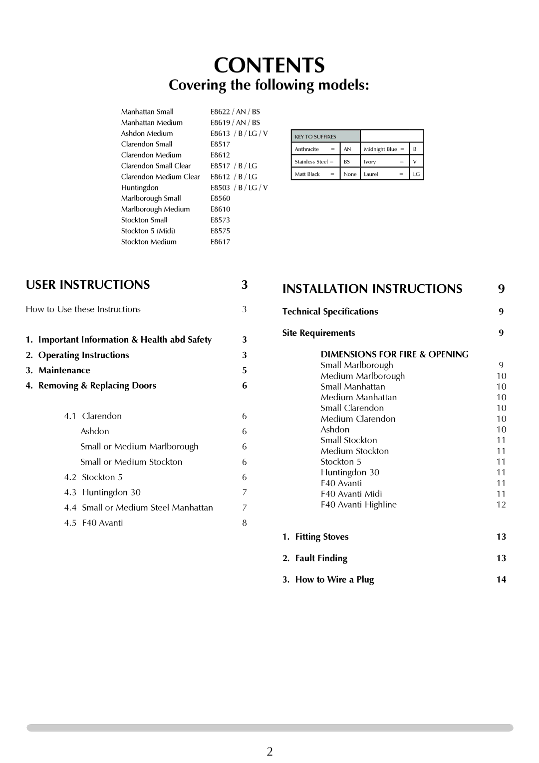 Stovax Electric Stove Range manual Contents 