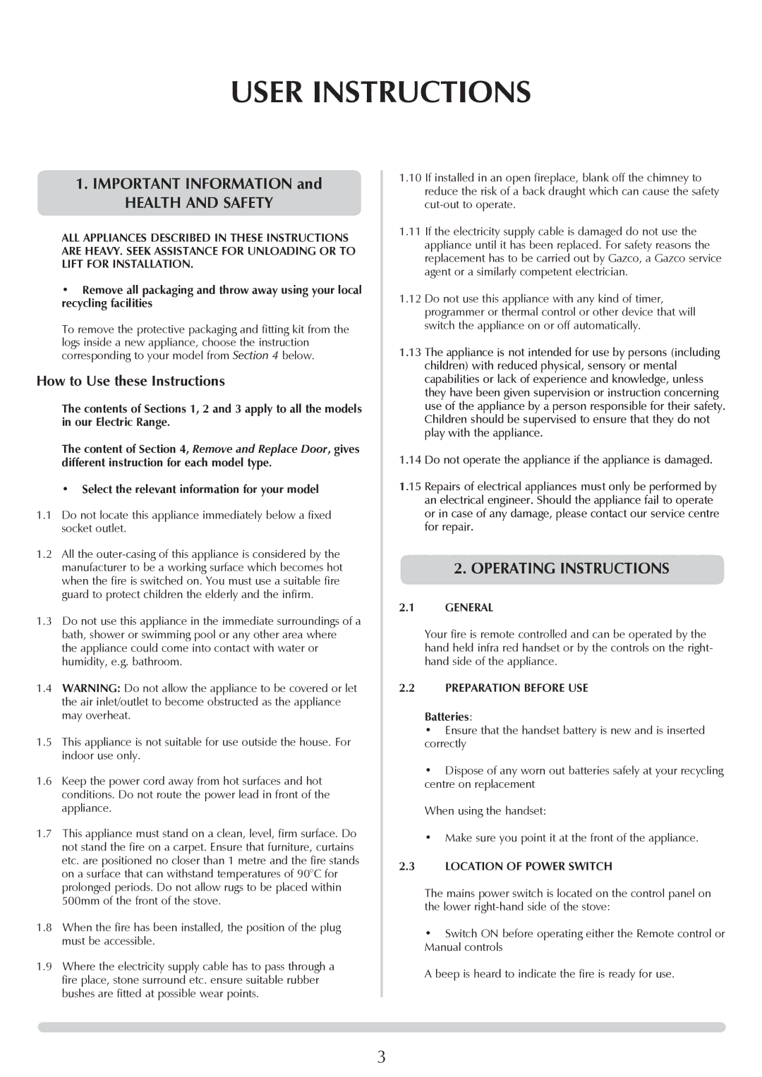 Stovax Electric Stove Range manual User Instructions, Important informAtion, Health and Safety, Operating instructions 