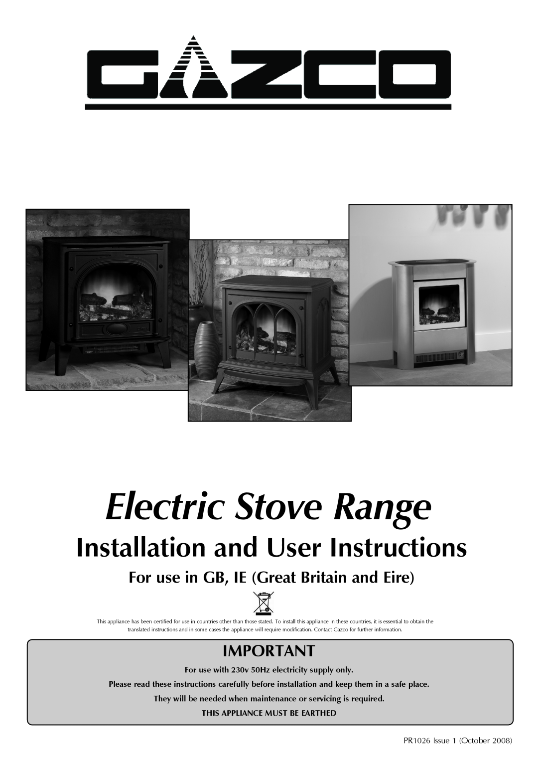 Stovax Electric Stove Range manual Installation and User Instructions, For use in GB, IE Great Britain and Eire 